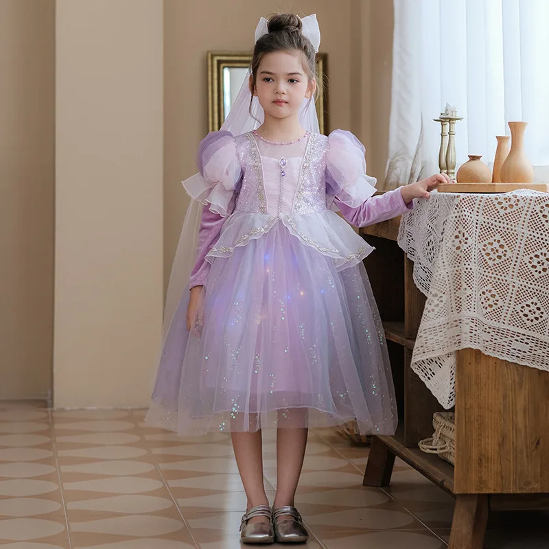 Girls Rapunzel Dress Tangled Kids Theme Princess Costume Luxury Pearl Sequin Fluffy Gown Children Birthday Party Surprise Gift