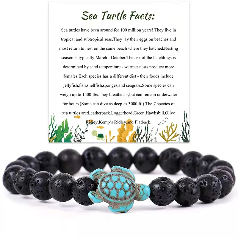 Sea Turtle Bead Bracelet With Message Card Elastic Lava Turquoise Bead Bracelets Supports The Sea Turtle Conservancy Bracelet