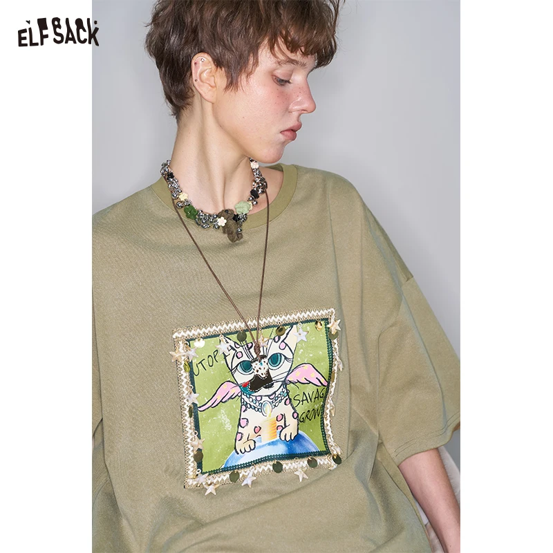 Elfsack 2025 春の新着 Y2K 漫画プリント半袖 Tシャツドレス女性ルーズカジュアルロングドレス