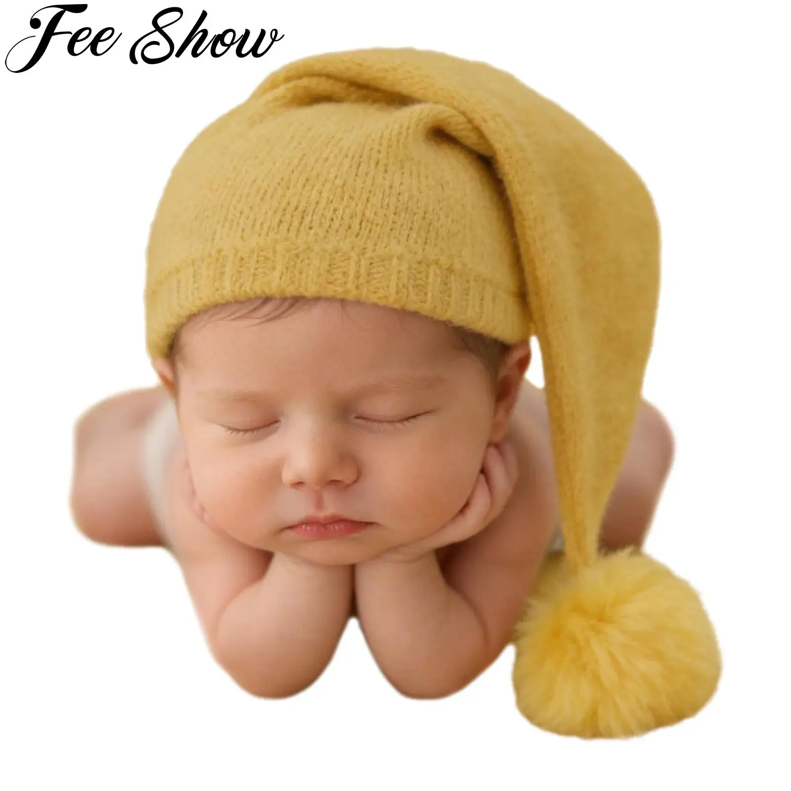 Newborn Baby Photography Props Furry Ball Knitted Hat Fall Winter Solid Color Stretchy Knit Hats Photo Shoot Costume Accessory