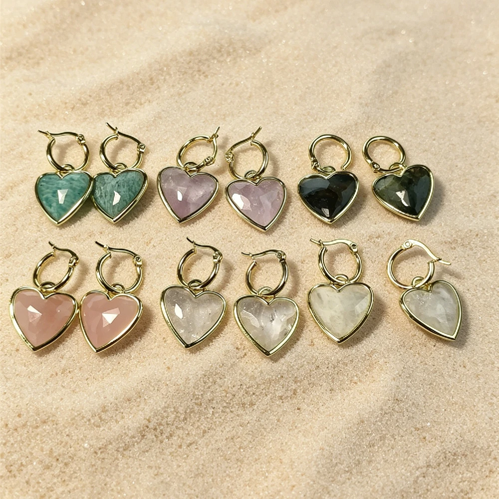 Two Tone Heart Natural Crystal Huggie Drop Earrings Multi Color Raw Stone Dangle Ear Gift For Women Daily Wear E2R471