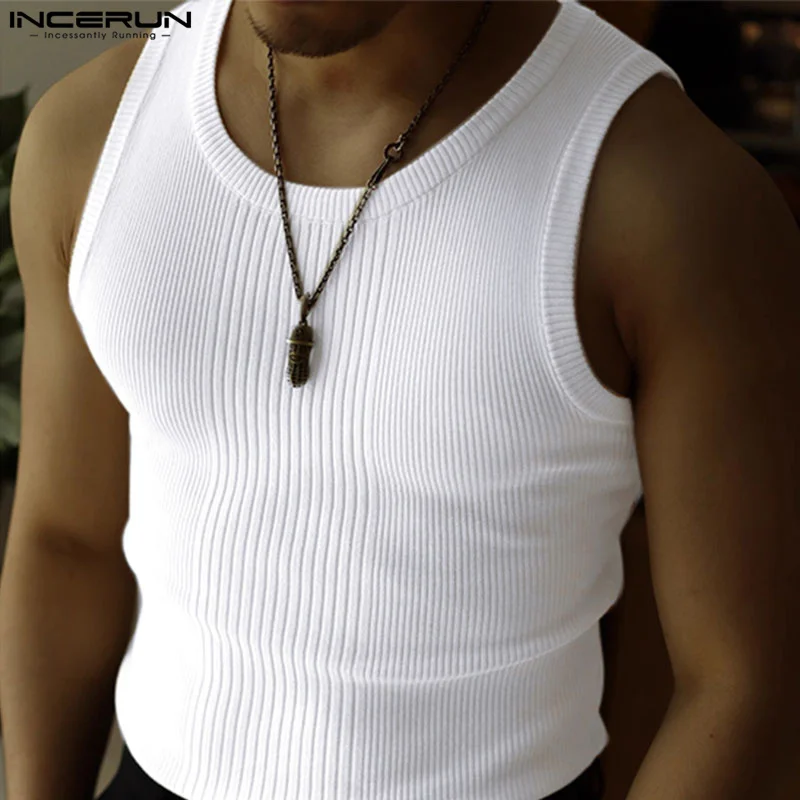 

INCERUN Tops 2024 Korean Style Men's Pit Stripe Knitted Spliced Tank Tops Casual Streetwear Male Solid Color Simple Vests S-5XL