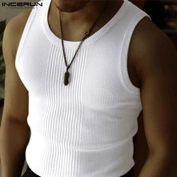 INCERUN Tops 2024 Korean Style Men's Pit Stripe Knitted Spliced Tank Tops Casual Streetwear Male Solid Color Simple Vests S-5XL