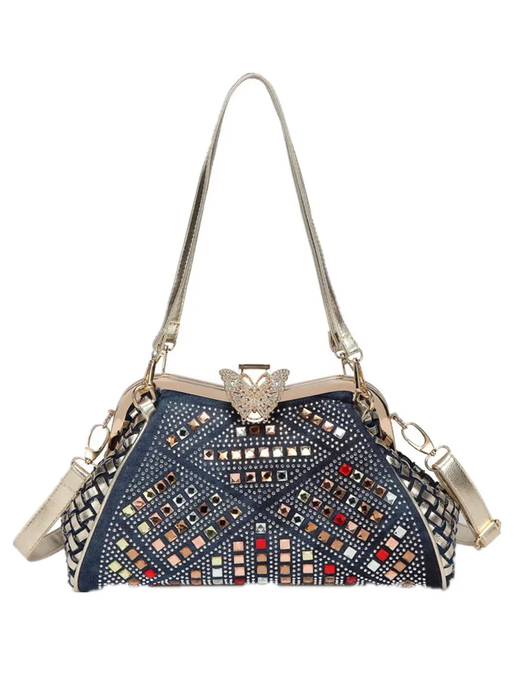Projektant Nowa damska torba Denim Pleciona torba z kryształkami Jedno ramię Crossbody Butterfly Clip Luksusowa torba — zdjęcie 2