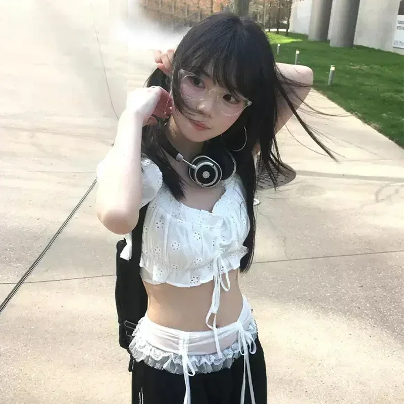 

Fairycore Y2k Shirt Women Peter Pan Collar Crop Tops Hollow Out Puff Sleeve Withe Lace Blouse Pullover Lace Up Tops