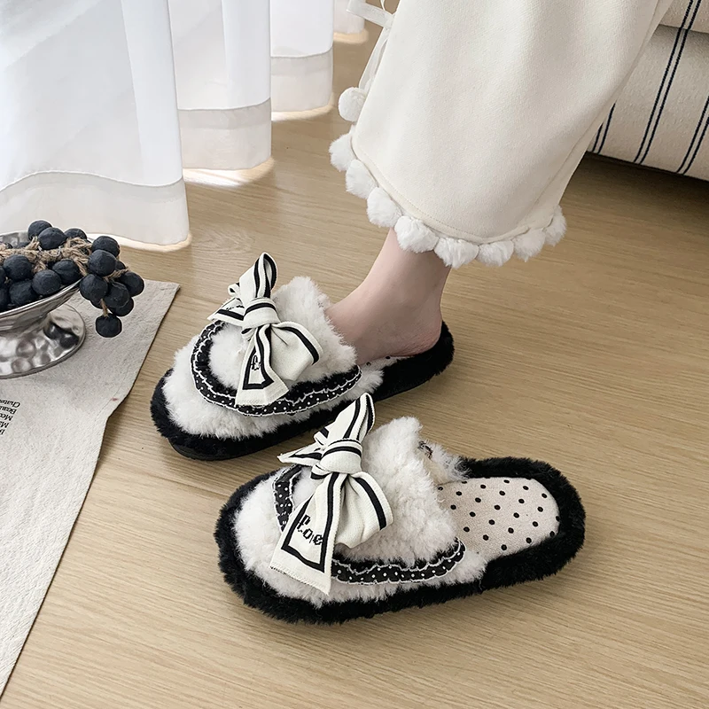 Simple Style Cotton Slippers Warm Fuzzy Lining Non Slip House Shoes for Bedroom Household Winter Relax Footwear