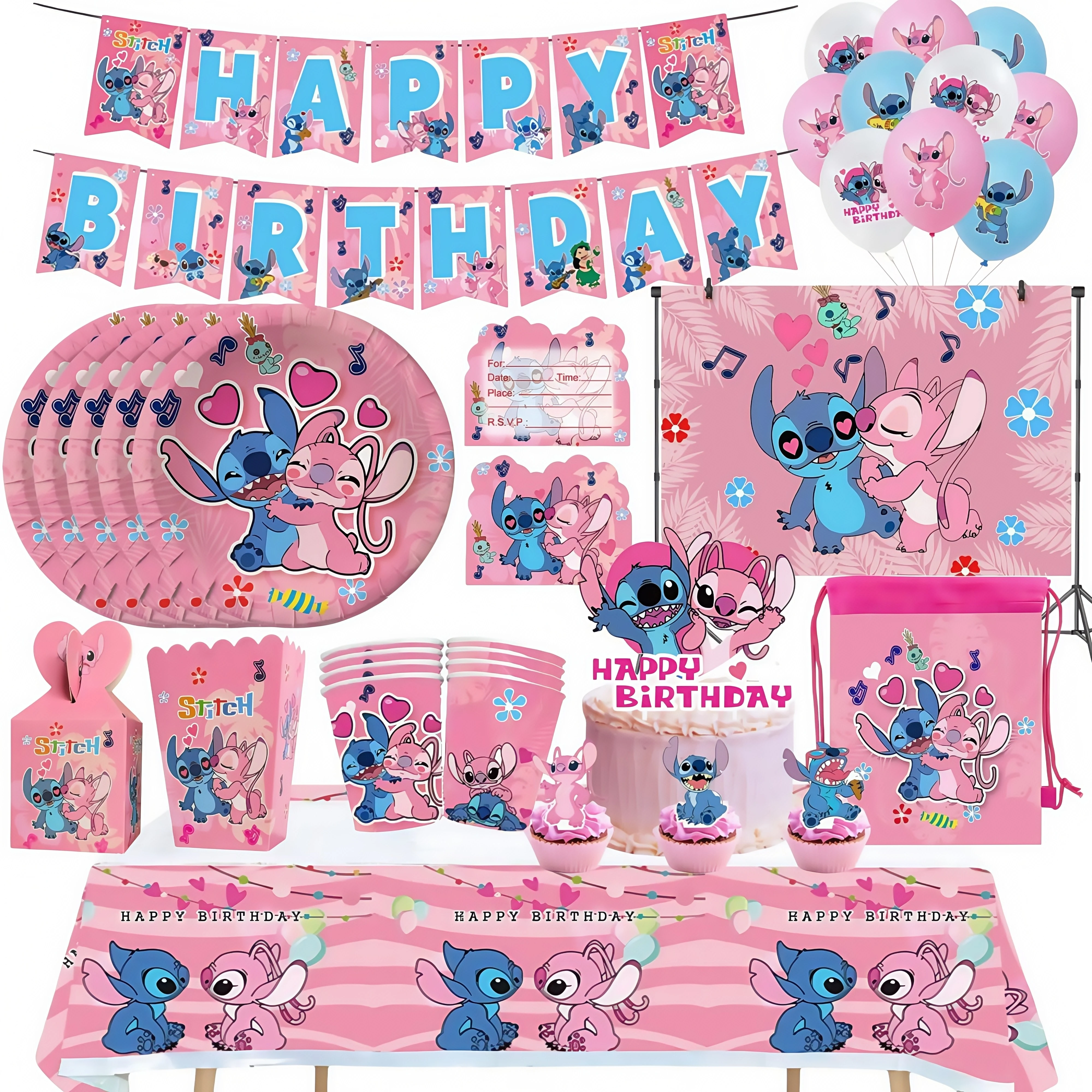 Lilo Stitch – décoration de fête d'anniversaire, vaisselle d'angle rose, tasse, assiette, ballon, nappe pour enfants, cadeaux de réception-cadeau pour bébé fille