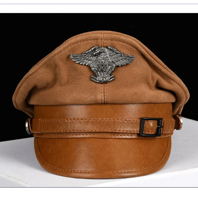 Luxury Winter Genuine Leather Hat Men Male Germany Officer  Warm Cap Locomotive Retro German Military Hat Cortical Casquette