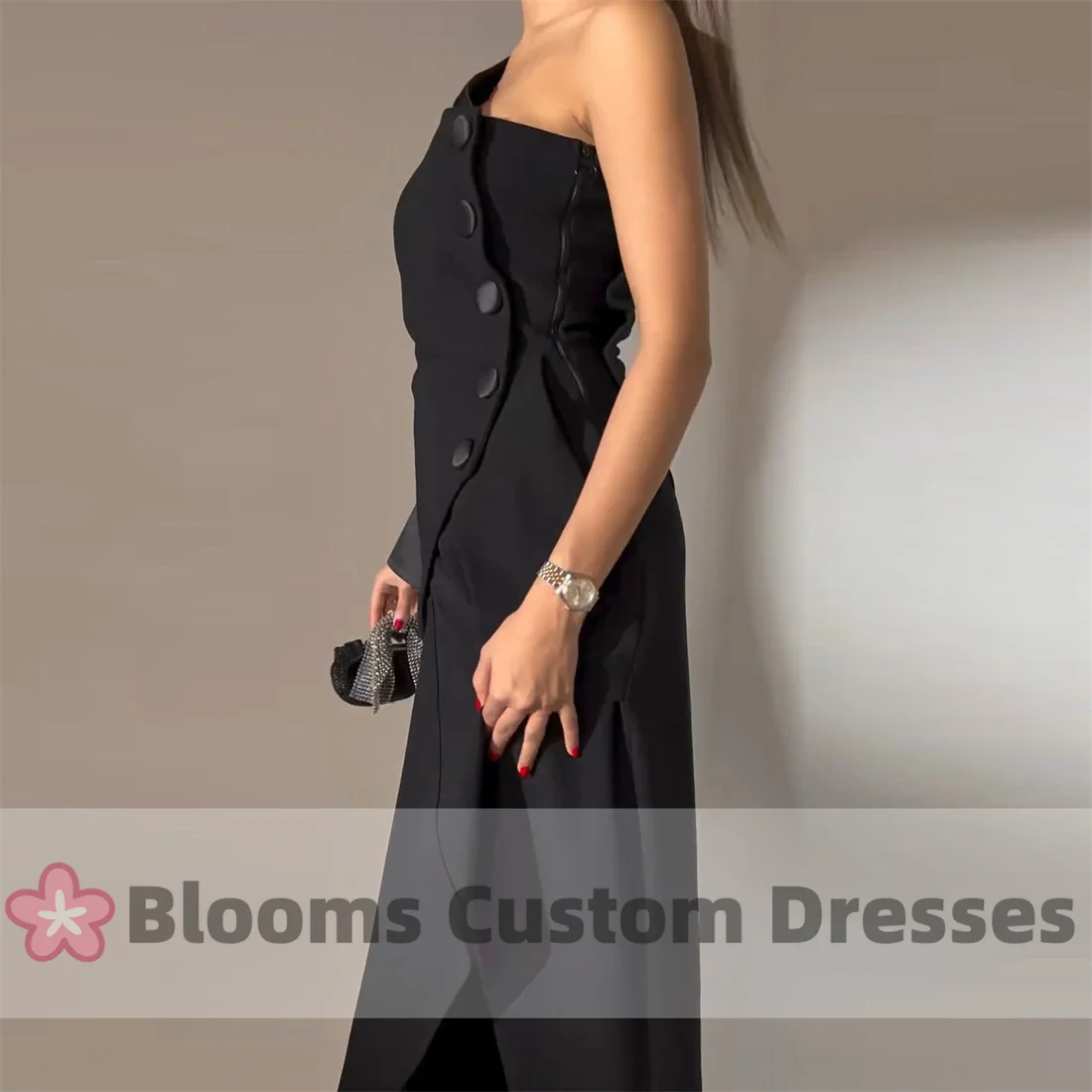 Blooms Customized One-shoulder Black Crepe Satin Prom Dresses For Special Occasion Buttons Modern Women Party Evening Dress