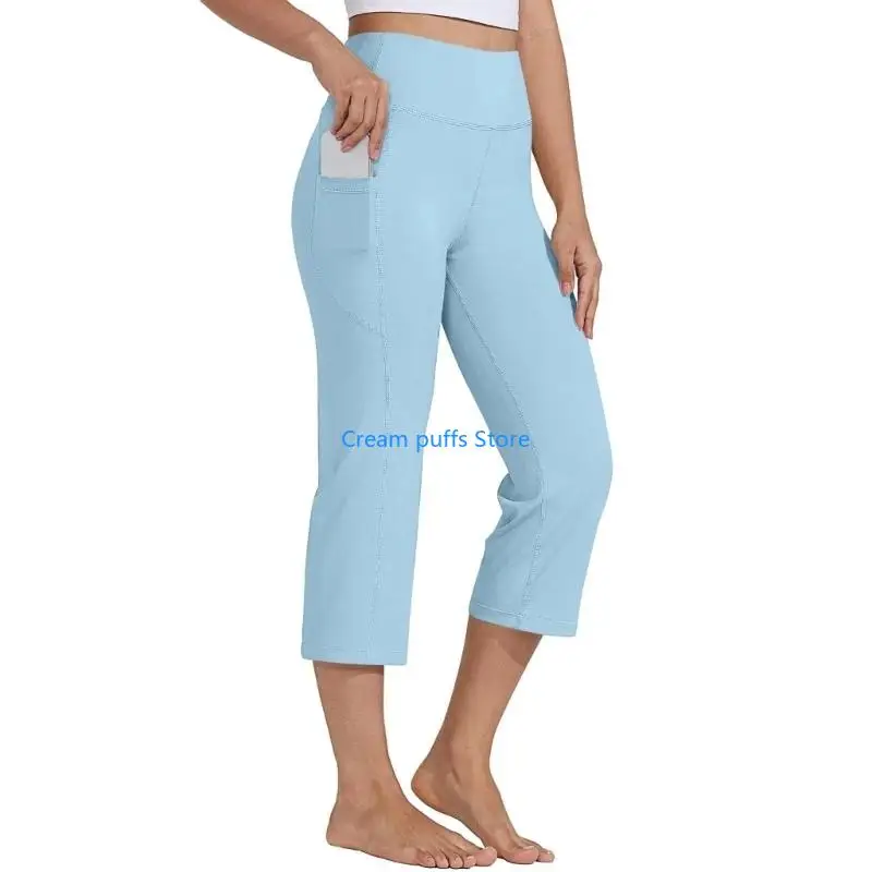 50LE High Waist Leggings Crop Straight Leg Athletic Exercise Workout Capris Women