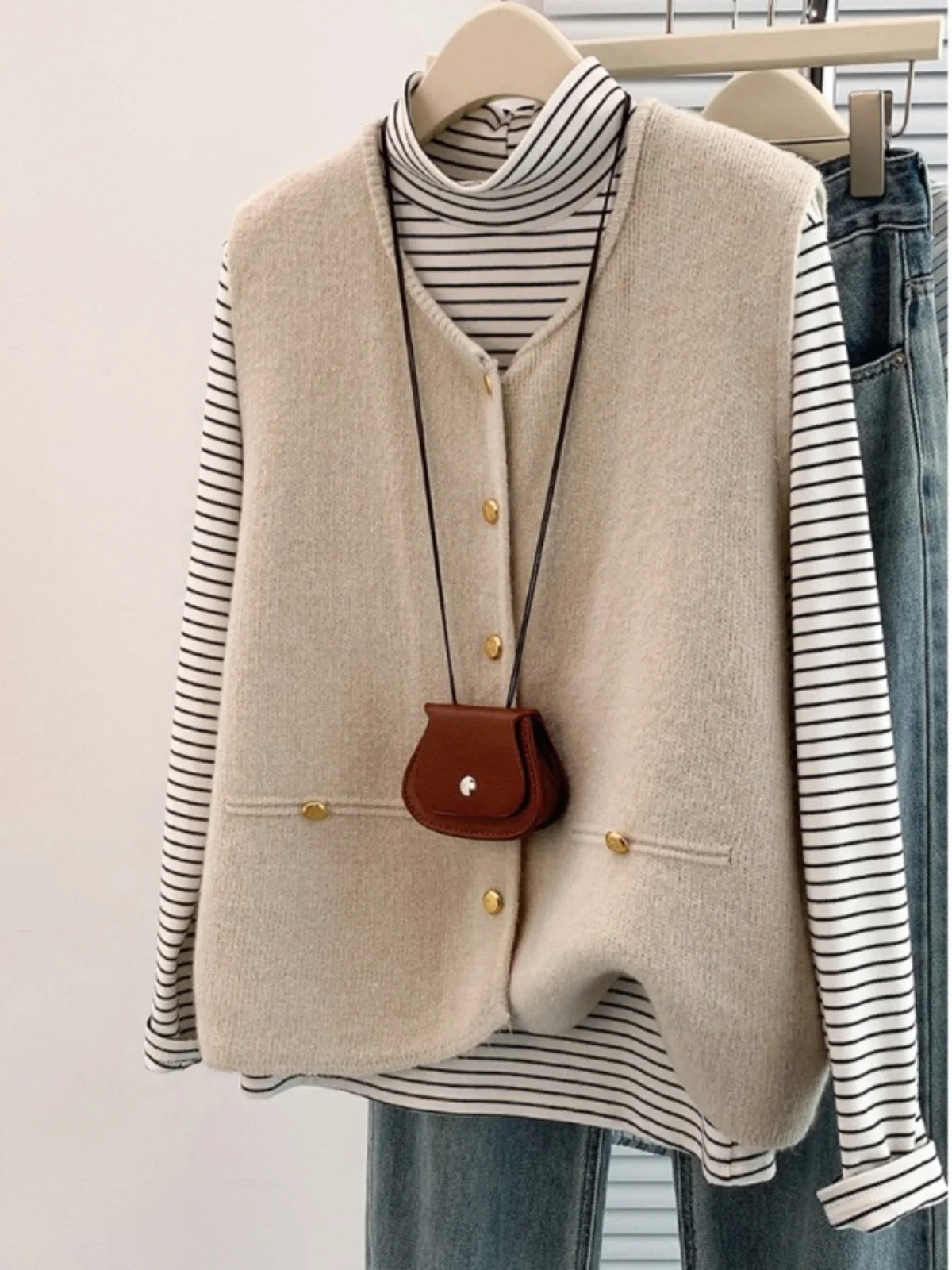 

Ele Gold Button ey Knitted Vest Open Cardigan Women's Loose Outerwear Sweater Vest Autumn New Sle Layering Japanese S...