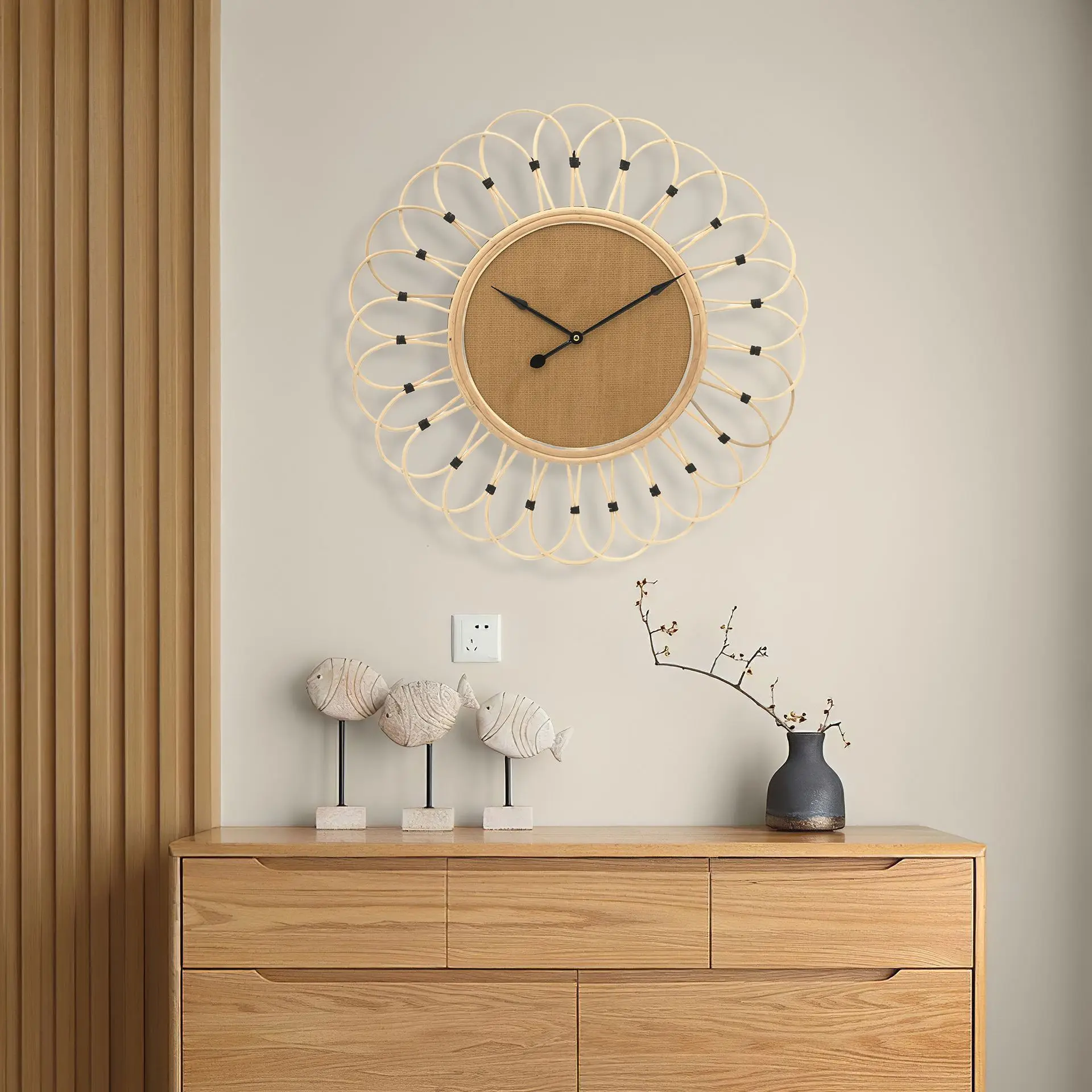 New Chinese Handmade Rattan Weaving Creative Silent Wooden Wall Clock Modern Minimalist Living Room Home Use Dining Room Decor