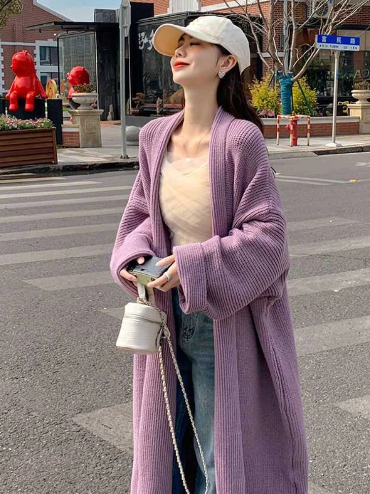 Solid Laziness Knitted Sweater Long Cardigan Women Autumn Full Sleeve Open Stitch Loose Coats Birthday Jacket Outwear Streetwear