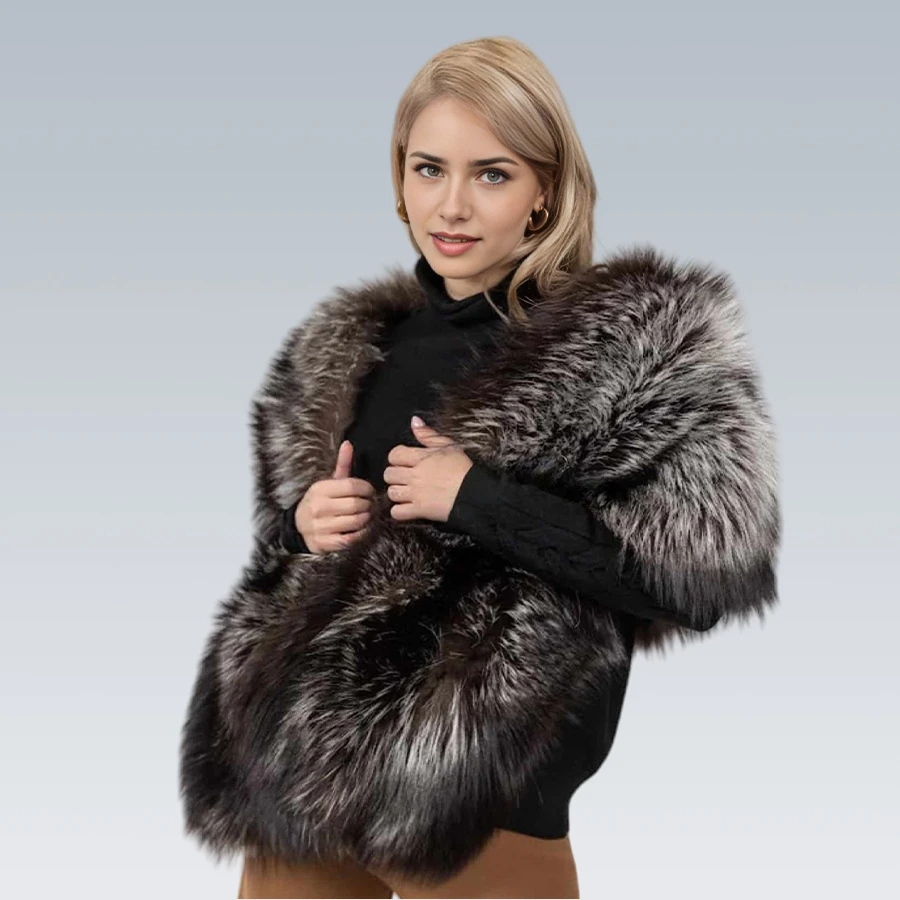 짧고 따뜻한 천연 실버 폭스 퍼 숄, 여성용 리얼 폭스 퍼 코트, 정품 퍼 케이프, 패션 럭셔리 풀 스킨 봄버 재킷