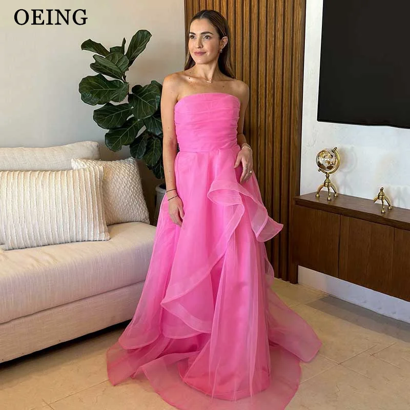 

OEING Elegant Hot Pink Evening Dress Floor Length Tiered Pleated Tulle Prom Dresses Vestidos De Noche For Formal Occasion Gala