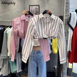 Cropped Shirts Women Simple Vintage Striped Classic Office Lady Waistless Sexy Spring Lapel Fashion Streetwear Designed Chic New