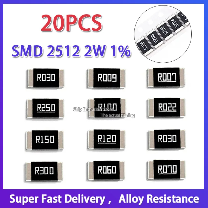 20PCS Rezystor ze stopu 2W R001 R002 R003 R004 R008 R009 R010 R012 R015 2512 1% R020 R025 R060 R070 R100 R120 R150 R300 R500 SMD