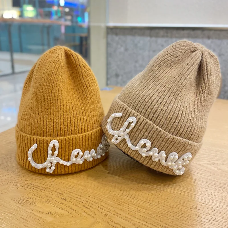 Beaded Letters Woolen Hat Fashion Solid Color High Elastic Beanie Women Hat Autumn Winter Warm Thicke Ear Protection Knitted Hat