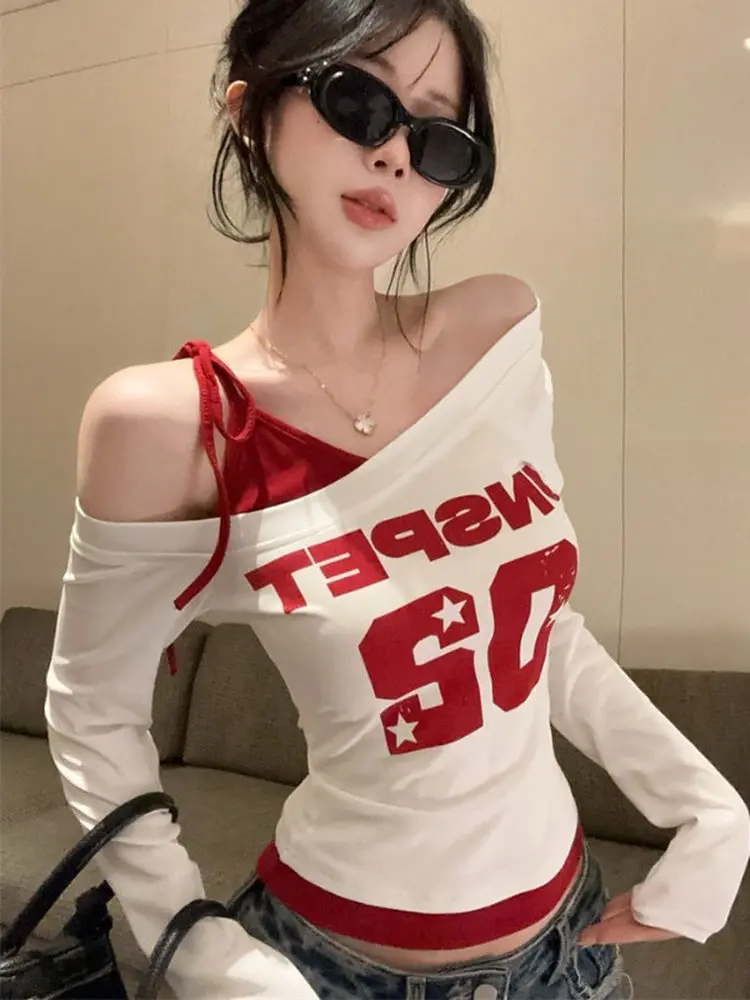 

Женская осенняя модная футболка с буквенным принтом в американском стиле High Street Maturi Long Sve, повседневный облегающий топ