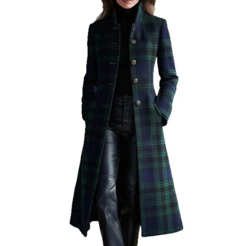 Button Front Coat Plaid Extended Length Urban with Relaxed Fit Seaming Construction Long Sleeve Regular Sleeve Women Coat