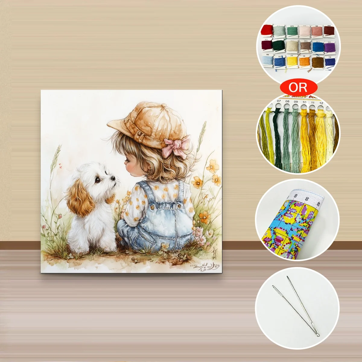 1 Stück 30x30 cm/11,8 Zoll, 11Ct/14Ct Kreuzstich-Set, DIY Valentinstagsgeschenk, Stickerei-Set für Festlichkeiten, Strohhut-Mädchen, Welpe, Blume – Detail 3