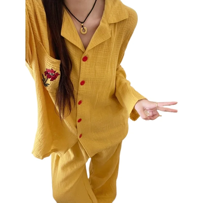 

Korean Sweet Flower Pajamas Women's Spring and Autumn Models Popular Long-sleeved Trousers Loose Lazy Style Loungewear Set 2026