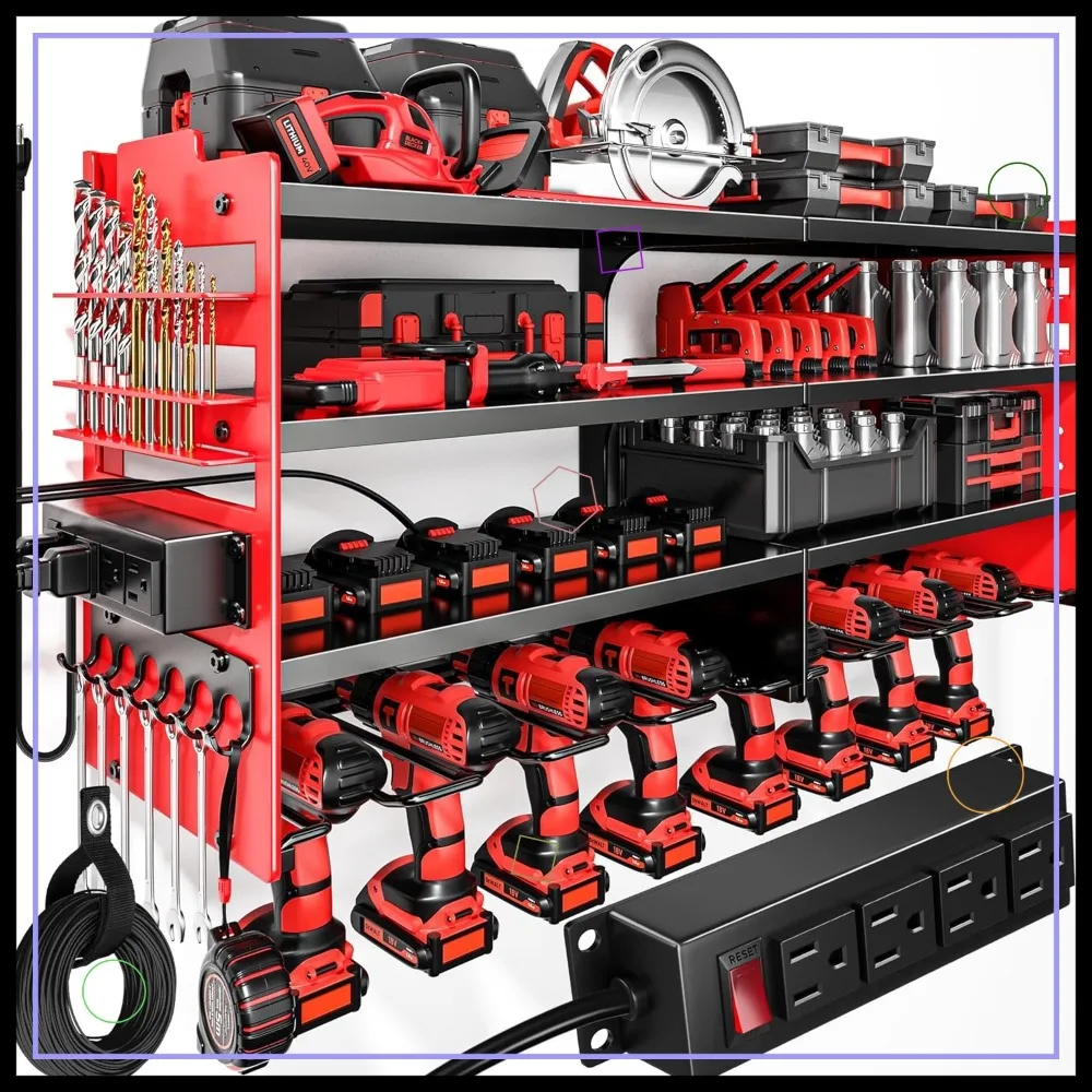 

Heavy Duty 4-Layer Wall Mount Tool Organizer with Charging Station, 600lb Capacity, Includes Power Strip & Drill Holders
