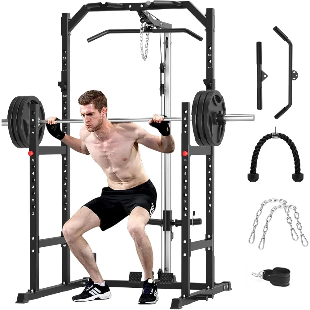 Multi-Function Power Rack with Pulley System Strength Training for Home Gym, Bench Press Squat LAT Pull-Down Pull-up