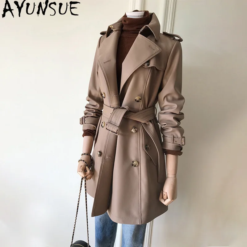 

AYUNSUE Real Leather Jacket Woman British Style Sheepskin Outerwear Mid-length Commuting Jackets Woman Clothes Spring Autumn
