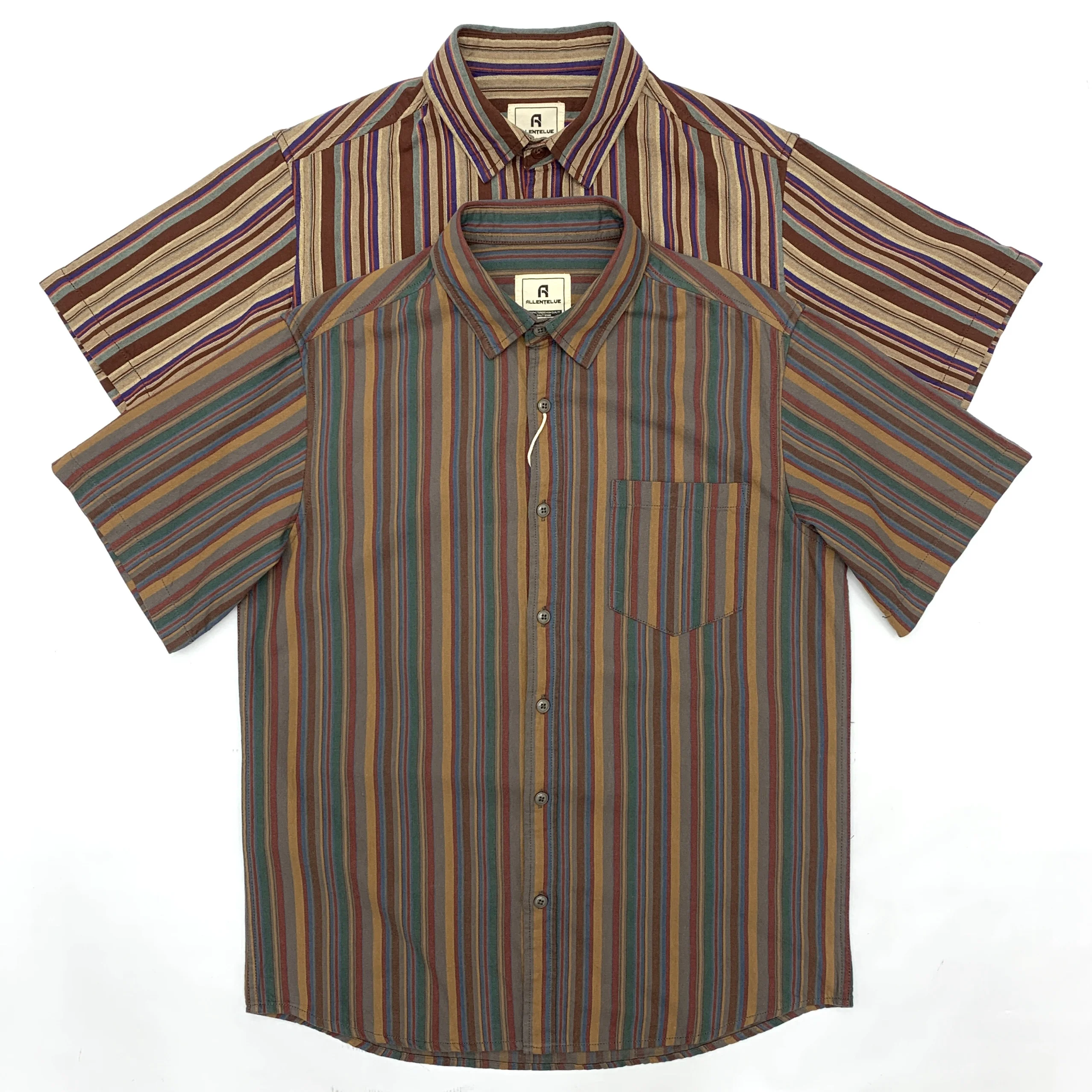 Summer New Japanese Retro Short-Sleeve Turn-down Collar Colored Stripes Shirt Men's 100% Cotton Washed Comfort Casual Blouses