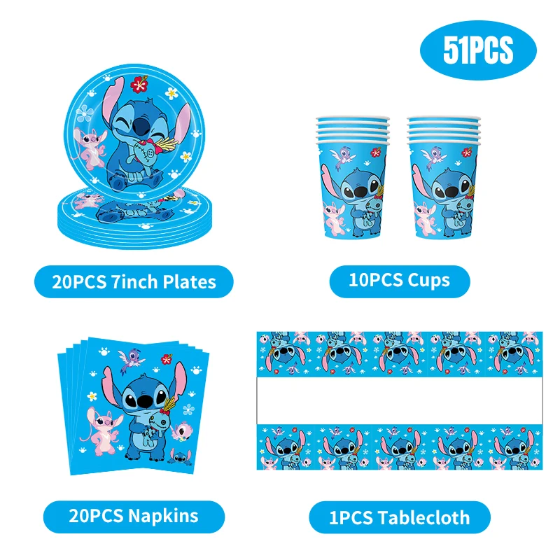 Disney Stitch-vajilla decorativa para cumpleaños, vasos de papel, platos, telón de fondo, mantel, globos, suministros para fiesta de cumpleaños para