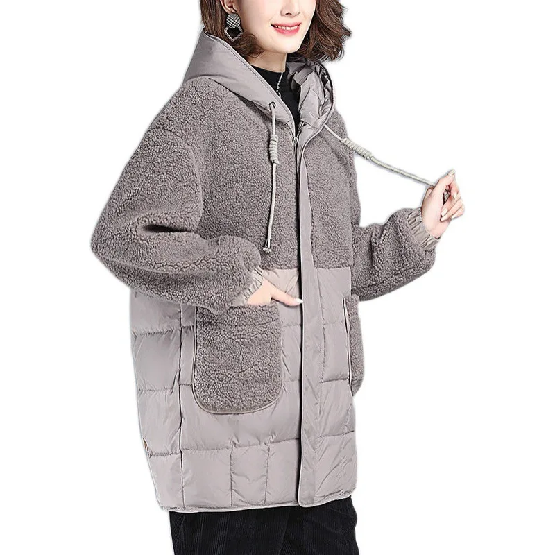 Women Padded Jackets Autumn Winter Hooded Outerwear Loos Down Cotton Jacket Mid-Length Lamb Wool Thick Coat Female