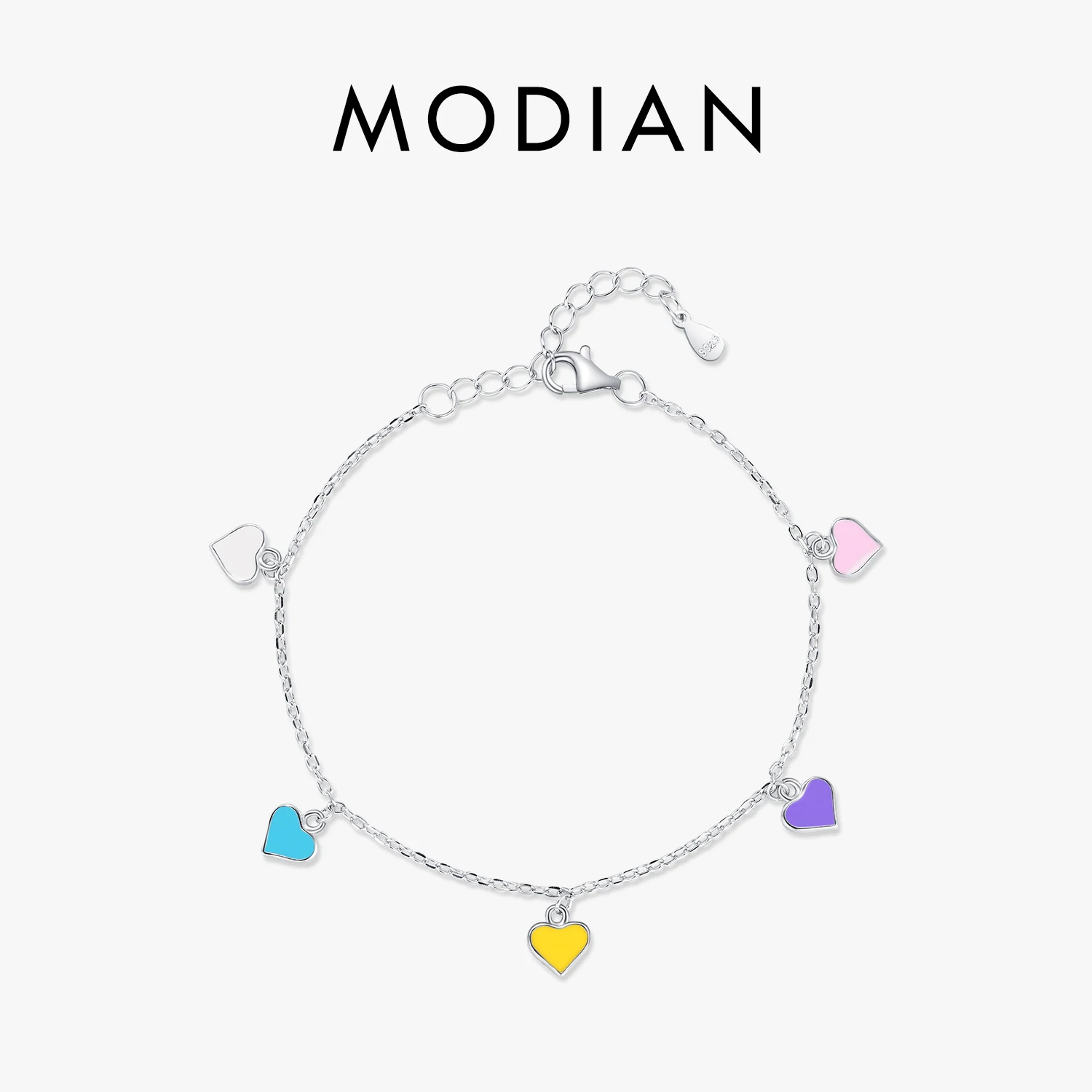 

MODIAN 925 Sterling Silver Colorful Hearts Bracelet Rainbow Enamel Link Chain Party Fine Jewelry For Women Valentine's Day Gift