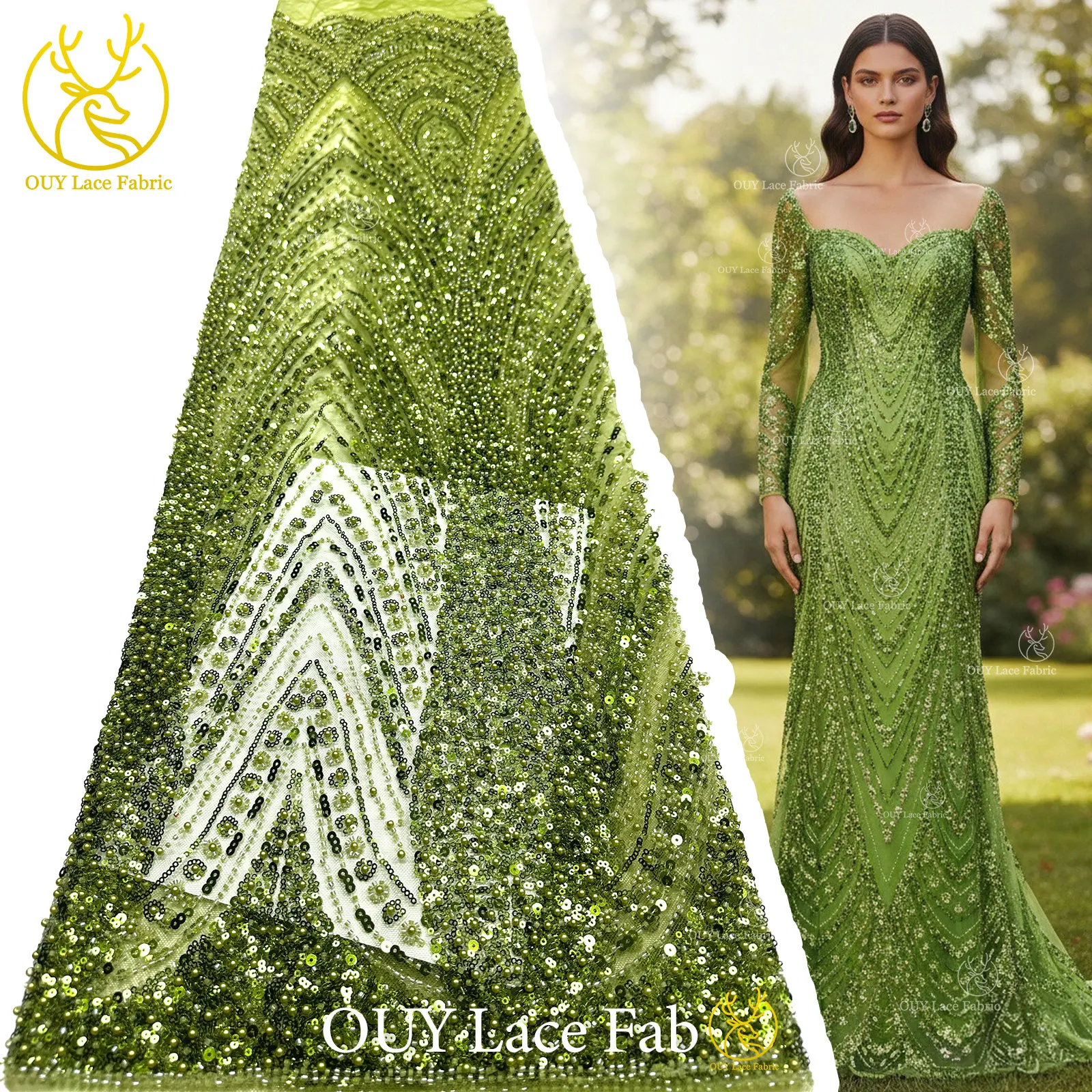 

Зеленая нигерийская сетчатая ткань с пайетками и кружевом 2026: высококачественное африканское кружево с бисером для пошива платьев, вечеринок и свадеб, 5 ярдов