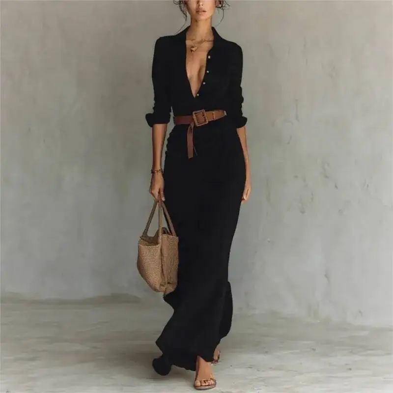 

Women's Fashion Solid Holiday Party Elegant Lapel Button Draped Casual Long Sleeve Match With Belt Shirt Dress