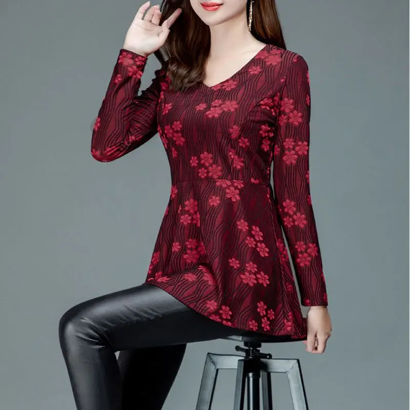 Stylish Elegant V-Neck Blouse Casual Slim Waist Female Clothing Vintage Floral Printed Spring Autumn Commute Long Sleeve Shirt