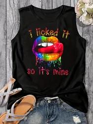 Women's Summer Colorful Lips Letter Print Loose Large Breathable and Comfortable Sleeveless Tank Top T-shirt