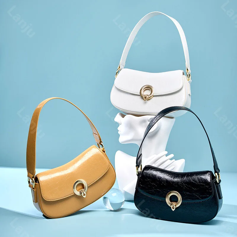 Women's Commuter Handbag 2023 New Cowhide Underarm Bag Small One Shoulder Crossbody Small Square Bag Retro French Stick Bags