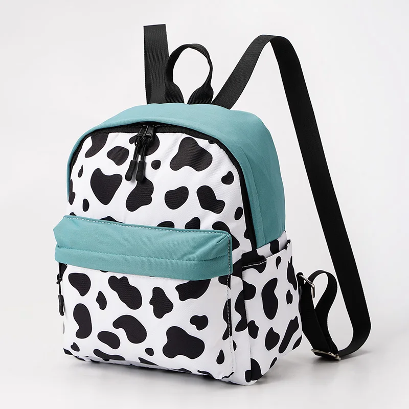 Women Mini Backpack Casual Cow Pattern Printing Daypack Small Green White Patchwork Shoulder Bag Teenage Girls Leisure Rucksack