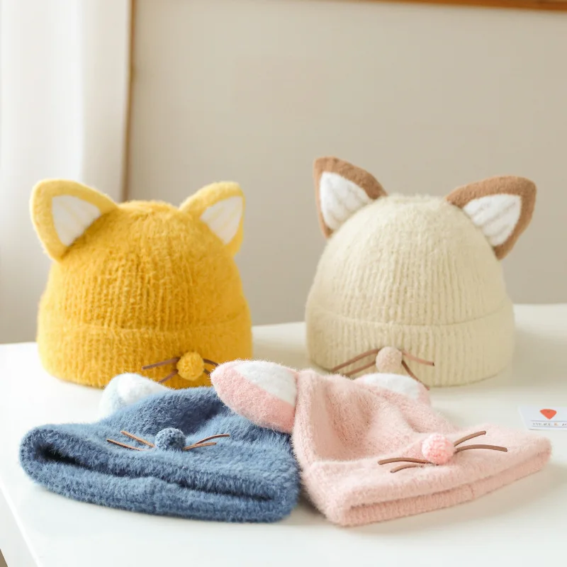 Warm Baby Beanie Kawaii Cartoon Cat Ear Crochet Bonnet per Toddler Boy Girl Cute Fashion autunno inverno peluche addensare cappello caldo