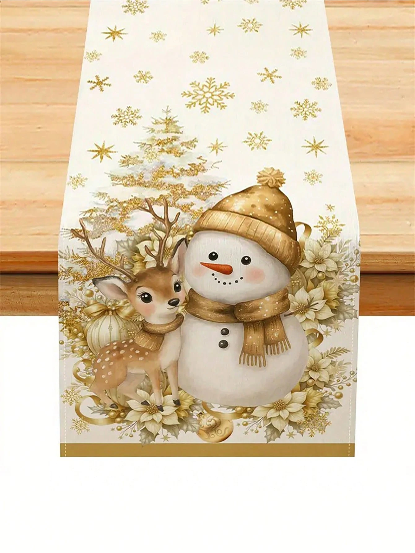 

1pc Christmas Table Runner - Reindeer/Golden Snowman/Tree/Snowflake/Poinsettia, for Winter Indoor/Outdoor Party, Ideal as Gift