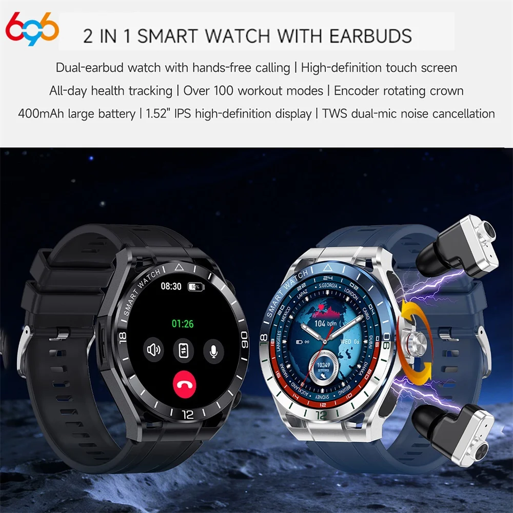 

Новые умные часы 2 в 1 с Bluetooth-наушниками для звонков, TWS-наушниками с шумоподавлением, функцией измерения пульса и мониторингом здоровья, спортивные смарт-часы