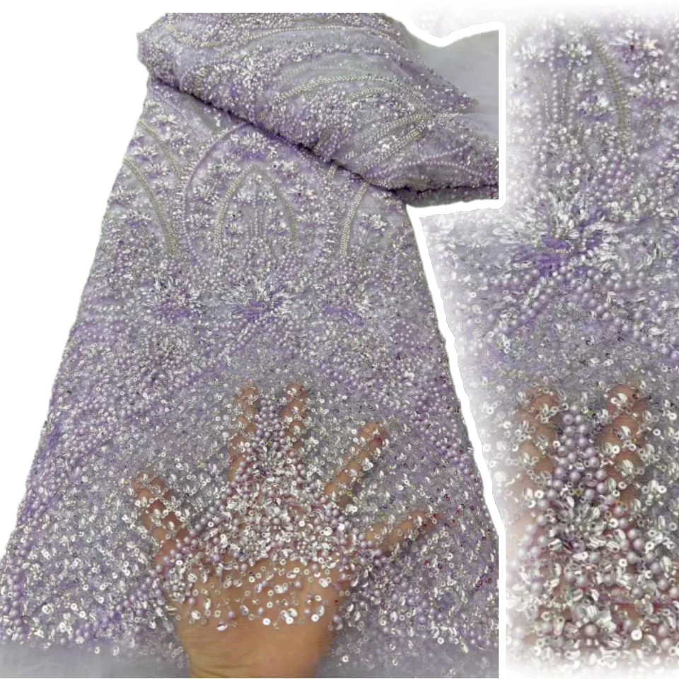 

Luxury African Lace Fabric White Tulle Lace Fabric 2025 5Yards Heavy Beaded Sequin Tulle Lace for Party Wedding Dresses A1697