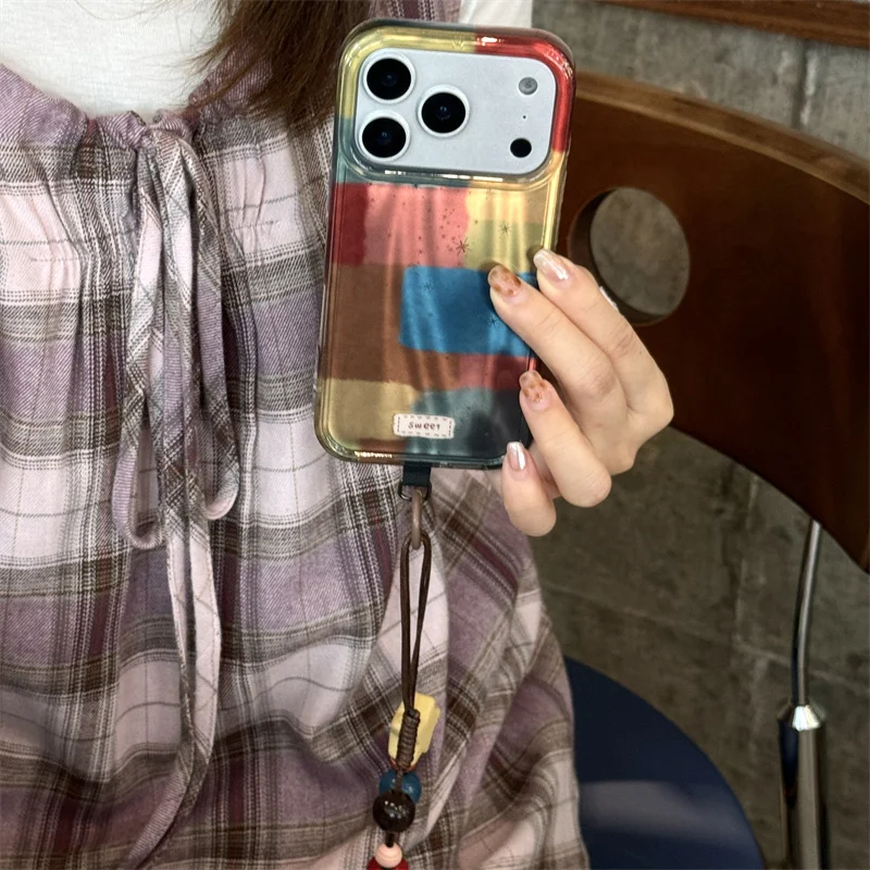 Funda de teléfono con bloques de colores artísticos para iPhone 17 Pro 15 16 14 Pro Max, Funda con cadena de cuentas, Fundas protectoras bonitas a prueba de golpes