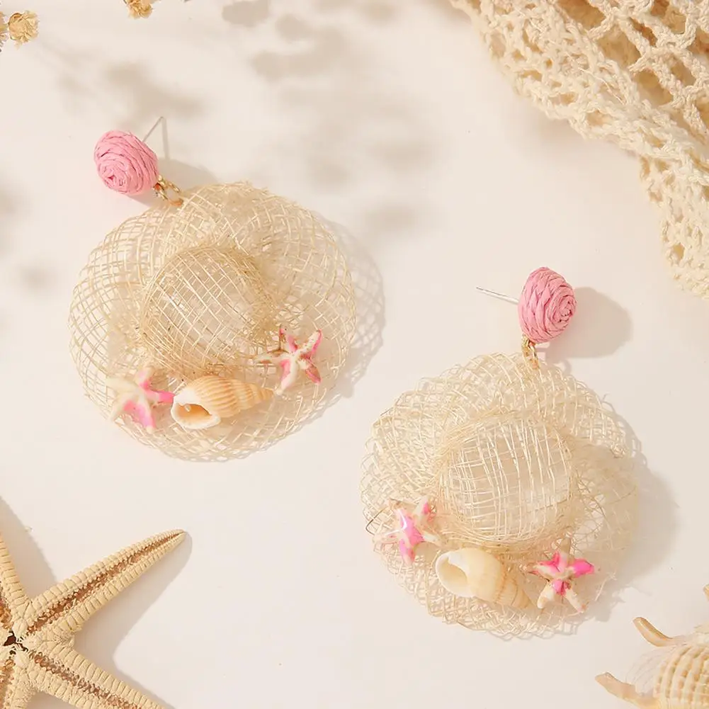 Long Wear Earrings No Pressure Woven Raffia Earrings Boho Raffia Statement Earrings Woven Straw Starfish Dangle for Women
