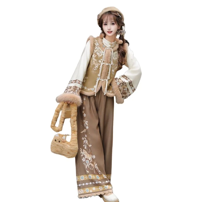 

Original New Chinese Hanfu Women's New Winter Velvet Improved Song Pants Suit for Daily Work Wear Traditional Chinese Clothing