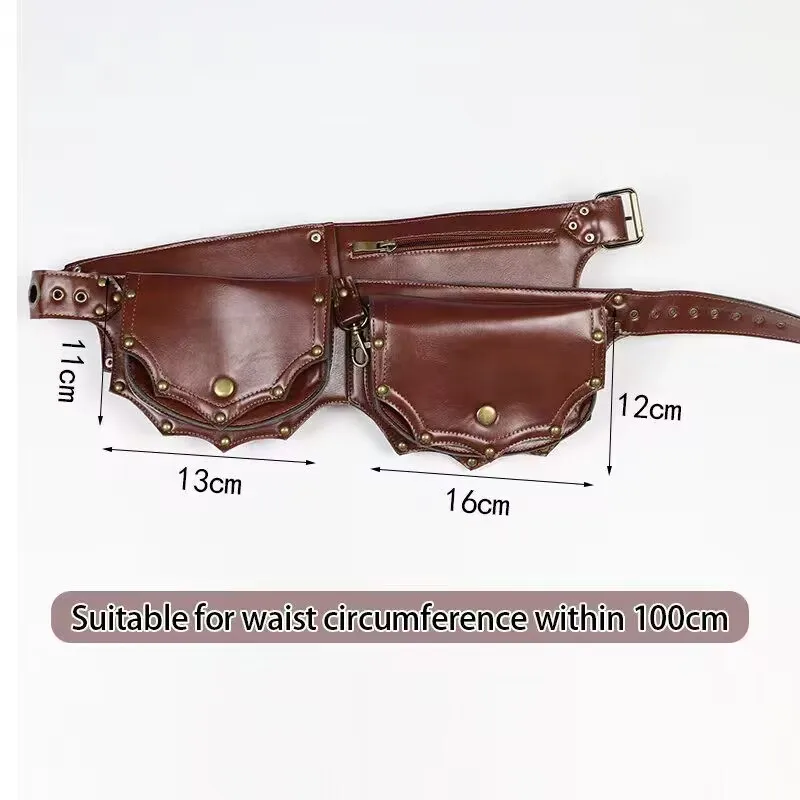 Vintage Medieval Steampunk PU Leather Utility Belt Women Fanny Pack Riveted Double Bag Pocket Outdoor Sports Waist Bag