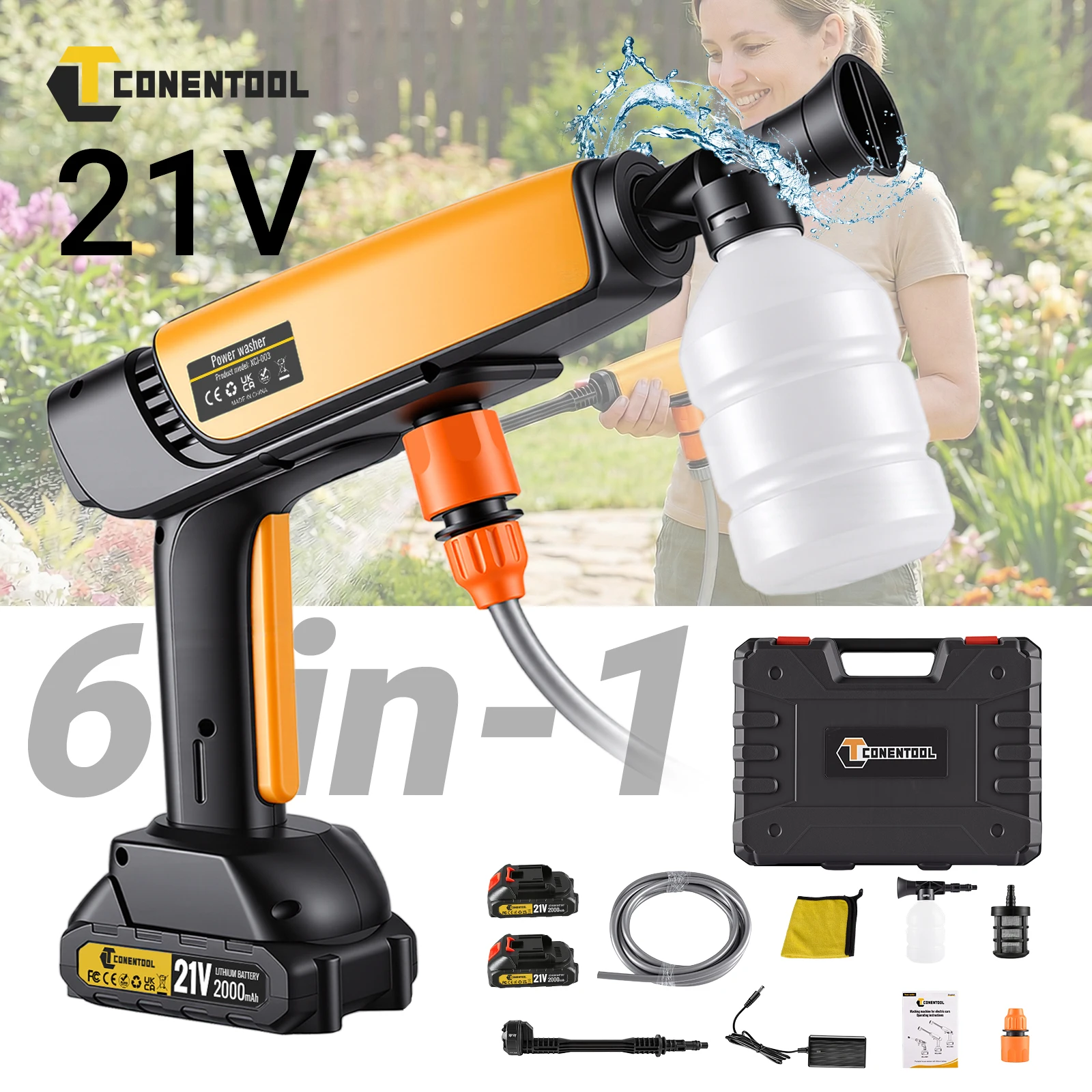 CONENTOOL 21V Electric Water Gun 6-in-1 Nozzle High Pressure Car Washer Gun 2 Batteries Garden Tools for Makita 18V Battery Pin