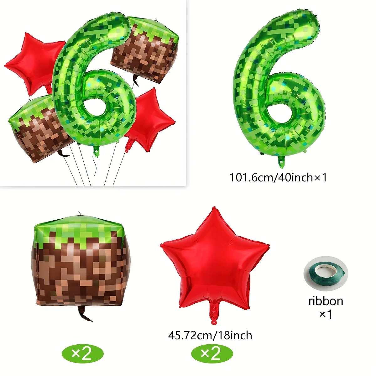 40Inch Green Number Balloon Set Large Mylar Mining Theme for Pixel Cubes Video Game Red Five-pointed Star Birthday Party Decors