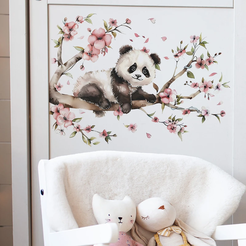 Baby Panda Flower Branch 3D Vinyl Wall Art Mural Stickers on the Door Window Home Decorations for Living Room Kids Bedroom Porch